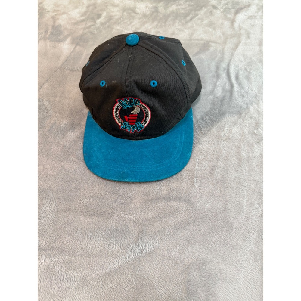 Vintage Rapp Style International Snapback Hat Black Teal 90s Hip Hop Streetwear